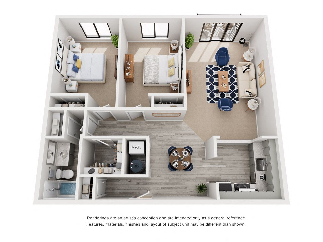 Floor plan for 2 beds, 1 bath, 946 sqft